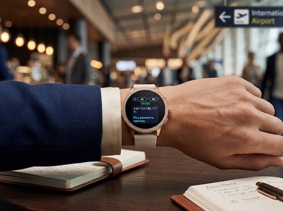 空港でRayove Watchを着用し、手首の翻訳画面を確認するイメージ