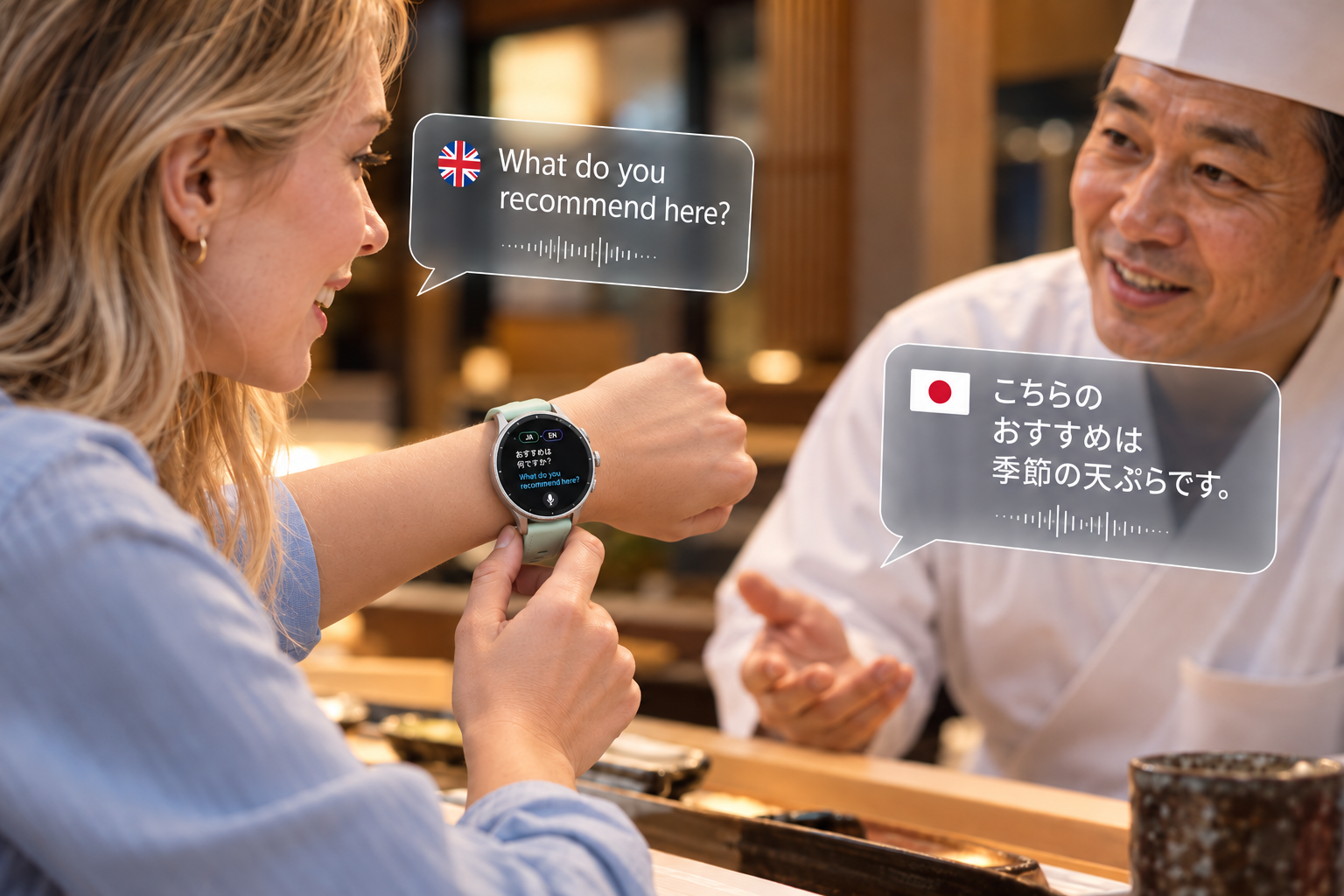 Rayove Watchを着けて寿司店で店主と会話する使用イメージ