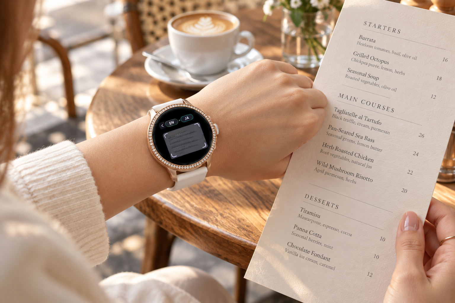 白いバンドと丸い装飾ベゼルのRayove Watchでメニューを読み取る使用イメージ